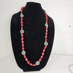 Premier Designs Red Stone Necklace Silver Tone Scroll Beads